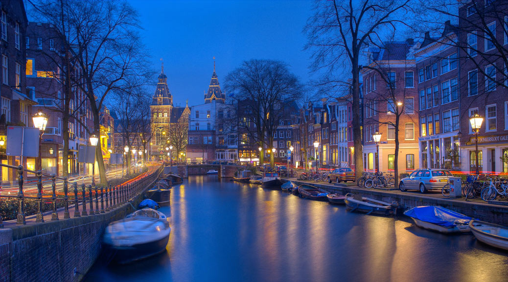 Beautiful Lake at Amsterdam city at night with lights 