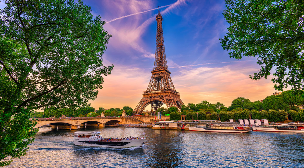 Paris Eiffel Tower and river Seine at sunset in Paris, France.