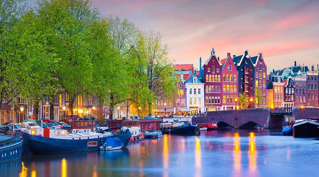 Amsterdam Buildings Canal Boats Trees Sunset