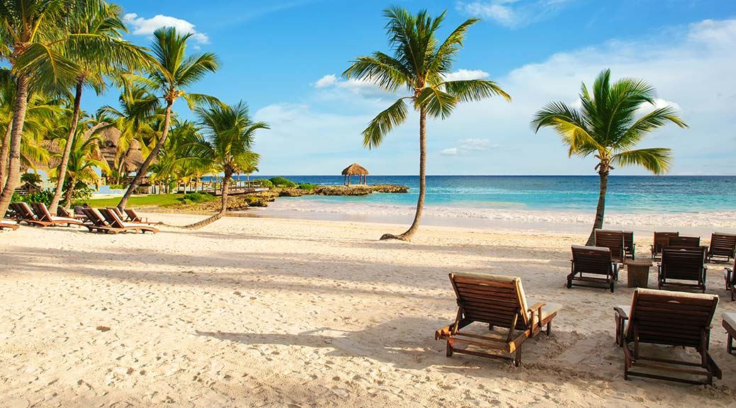 sun beds on a tropical beach with palm trees and sunny sky in dominican republic