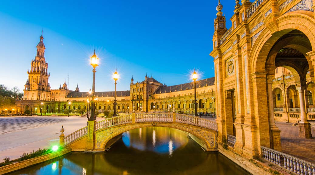 Plaza De Espana Spanish Sqare in Seville Spain illuminated at twilight