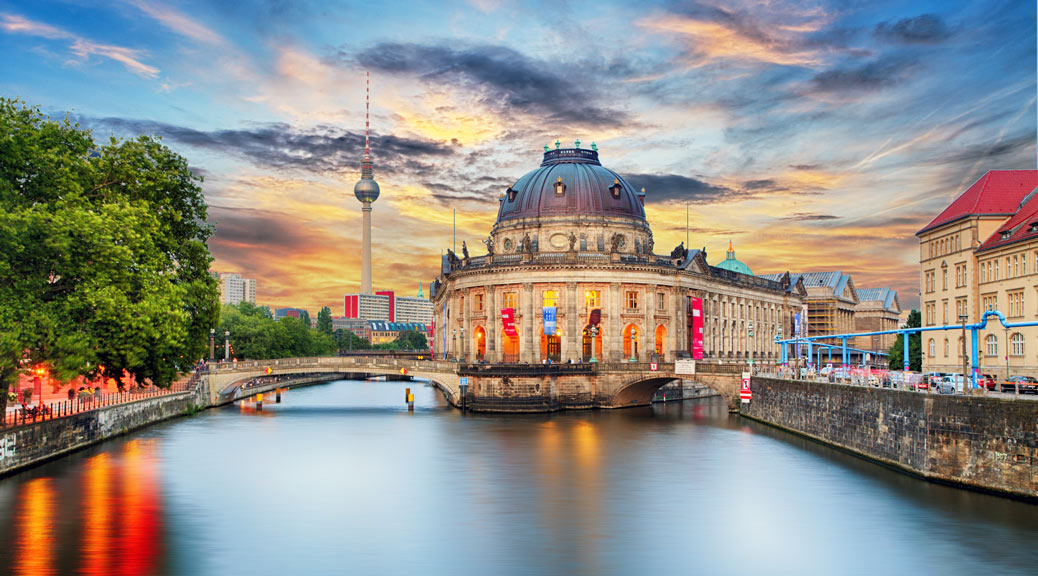 Museum island on Spree river and Alexanderplatz TV tower in cent