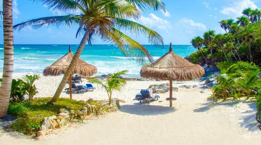 Small secluded beach with tropical trees and sun beds with hay umbrellas